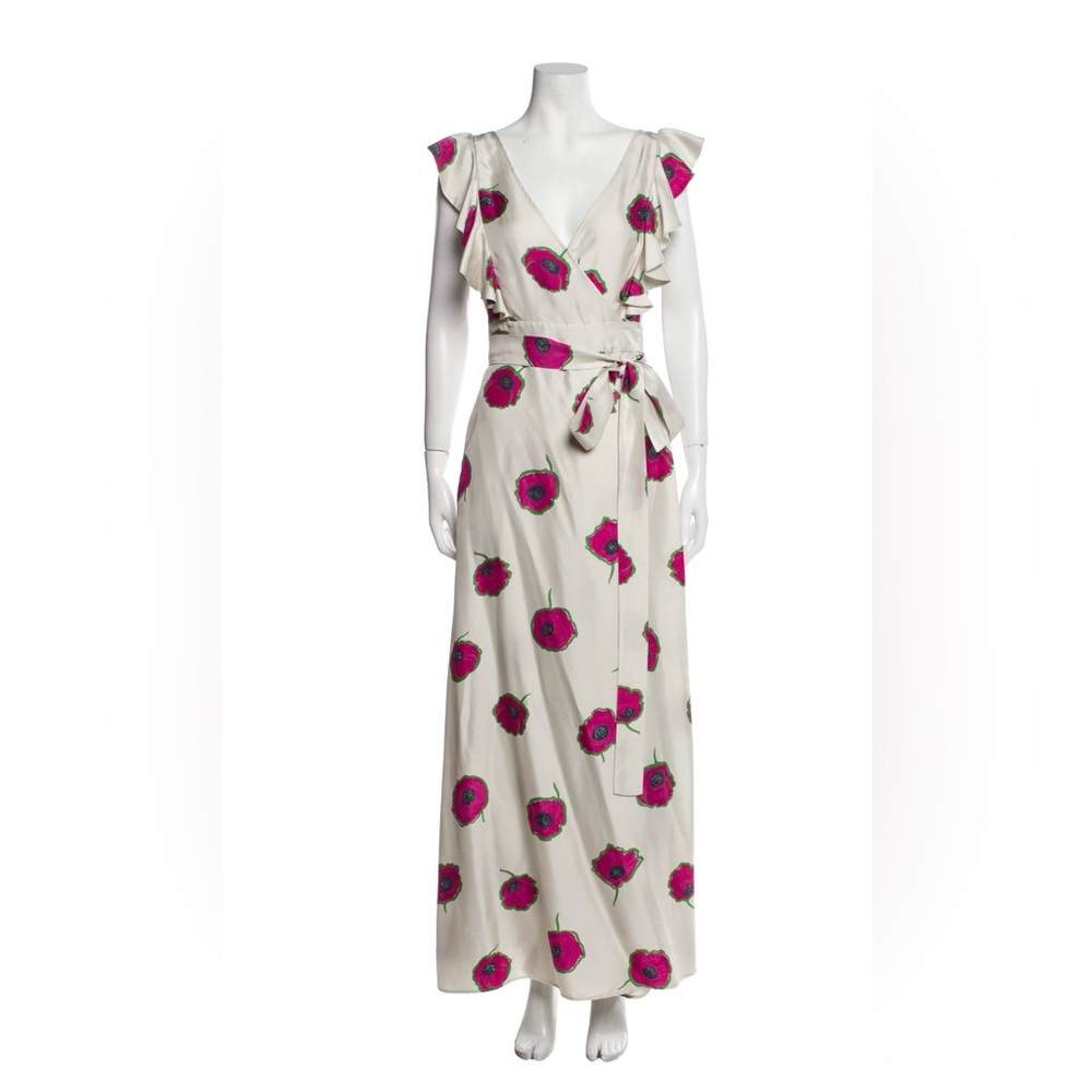 LA DoubleJ Silk Cream Maxi Dress with Pink Floral Design